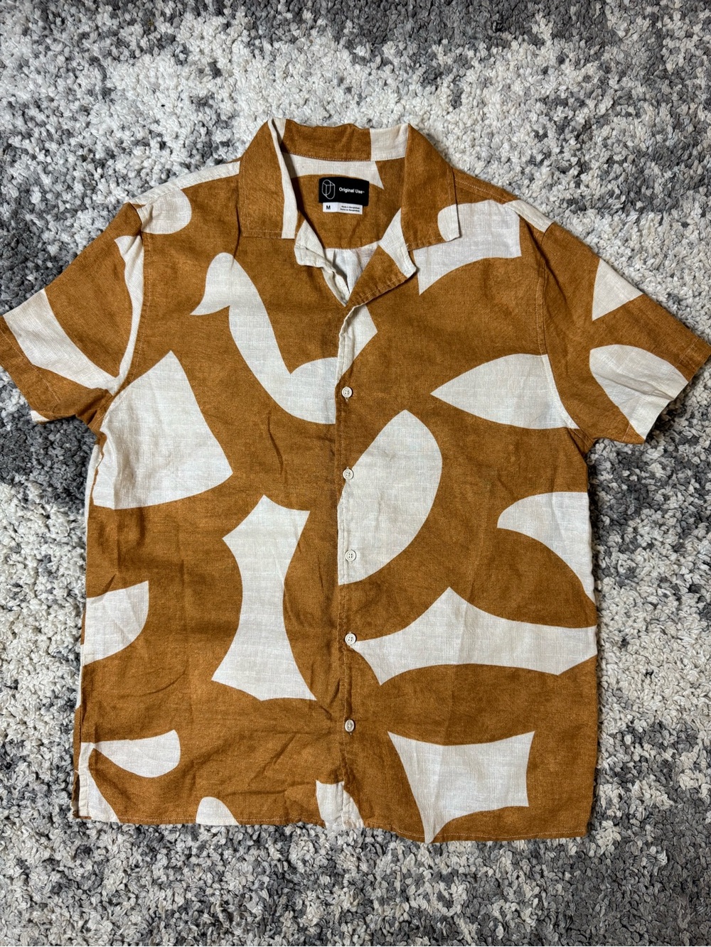 Original Use, Brown & Cream Abstract Geometric Short-Sleeve Button Shirt